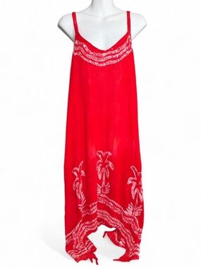 Red Maxi Slip Dress with White Palm Embroidery